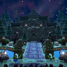 an animated scene with statues and lights in front of a castle like building at night