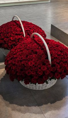 two heart shaped baskets filled with red roses