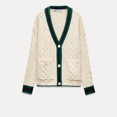 V-Neck Cardigan With Long Sleeves. Front Patch Pockets. Front Button Closure. Ecru |6771/13 Outer Shell 100% Acrylic Loose Cardigan, Zara Outfit, Long Sleeve Knitted Cardigan, Cardigan Sweater Coat, Cardigan Sweater Dress, Zara Sweater, Collars For Women, Cable Knit Cardigan, Jeans Rock