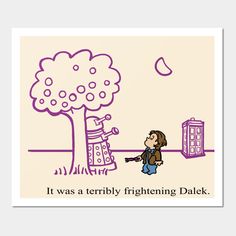 a cartoon drawing of a woman standing next to a tree with a tardish on it