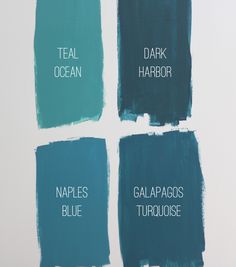 four different shades of teal paint with the words teal ocean, dark harbor, blue