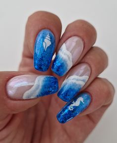 Blue Ocean Nail Art, Ocean Blue Nail Designs, Ocean Blue Nails Summer, Ocean Nails Designs, Ocean Nail Designs, Ocean Nails Sea, Ocean Wave Nails, Sea Blue Nails, Seaside Nails