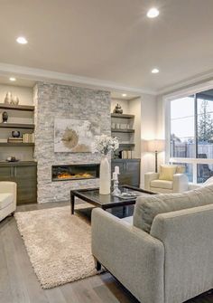 a living room filled with furniture and a fire place in the middle of a room