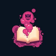 an open book with pink bubbles and a skull on the cover is in front of a black background