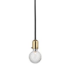 a light that is hanging from a black cord and has a glass ball on it