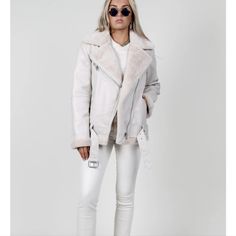 Bonded Vegan Leather & Faux Fur Long Moto Jacket Plush Faux Fur At The Cuffs, Hem And Lining Color : Off White Notched Collar Removable Belt Two Front Pockets Zipper And Belt Waist Closure Trendy Winter White Outerwear With Faux Fur Lining, White Outerwear With Faux Fur Lining For Work, Casual White Fur Coat For Spring, Casual White Spring Fur Coat, White Faux Fur Trim Outerwear For Work, Spring Workwear Fur Coat With Faux Fur Lining, Spring Workwear Outerwear With Faux Fur Lining, Spring Faux Fur Lined Outerwear For Work, Blanknyc Suede Moto Jacket