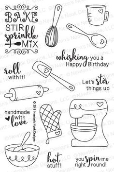 the stamp set features baking and baking related items, such as doughnuts, cake batter