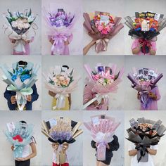 a bunch of different types of flowers are shown in multiple pictures, each with their own ribbon