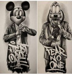 two drawings of mickey mouse with the words fear one