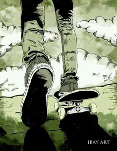 a person riding a skateboard on top of a grass covered field with clouds in the background