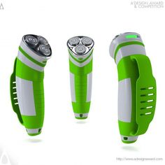 three green and white electric shavers on a white background with clippings to the side