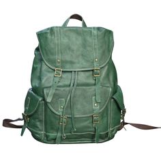 This is a backpack with lots of space. Combining a vintage look with high-quality materials, the genuine leather rucksack provides the perfect size and space for your everyday commute needs. It features wide shoulder straps, a laptop sleeve, side pockets and brass metal parts.   This unisex bag is made to last. Outer 100% vegetable tanned, worn look, genuine cowhide leather. Inner 100% cotton cloth lined. This is a Unisex bag.  Wipe clean with damp cloth.  Use professional leather caring kit. Vintage Backpack With Leather Lining For Everyday Use, Vintage Green Backpack For Everyday Use, Vintage Leather Everyday Backpack, Luxury Waxed Leather Backpack For Daily Use, Green Leather Travel Backpack, Green Leather Backpack For Daily Use, Classic Leather Backpack For Adventure, Classic Green Backpack For Everyday, Vintage Soft Leather Backpack For Travel