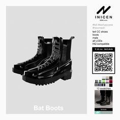 a pair of black boots sitting on top of a white table next to a qr code