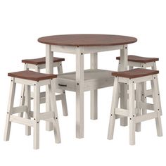 the table and stools are white with brown wood