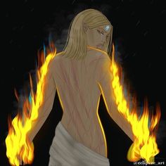 a woman standing in the rain with fire coming out of her back and arms behind her