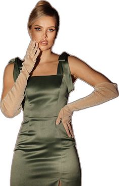 Green Dress With Gloves, Dress And Gloves Outfit, Satin Green Dress, Dress And Gloves, Dress With Gloves, Fashion Model Photography, Fashion Model Poses, Black Satin Dress, Fabric Structure