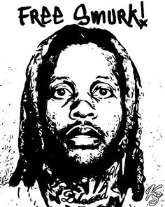 a black and white drawing of a man with the words free smurk on it