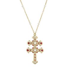 Be spiritual with this bold statement necklace featuring a double cross pendant. Be spiritual with this bold statement necklace featuring a double cross pendant. Pendant length: 3.2 in. Chain length: 30 in. Clasp: lobster-claw Metal: alloy Plating: gold tone Finish: polished Not appropriate for children 14 years old and younger. Size: One Size. Color: Red. Gender: female. Age Group: adult. Cross Of Lorraine, Be Spiritual, Channel Jewelry, Symbols Of Faith, Bold Statement Necklaces, 1928 Jewelry, Faith Jewelry, Porcelain Roses, Cross Earrings