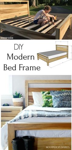 a bed frame made out of wood with the words diy modern bed frame