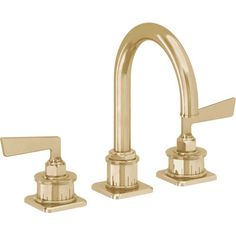 two handle bathroom faucet in polished brass finish with matching handles and side spray