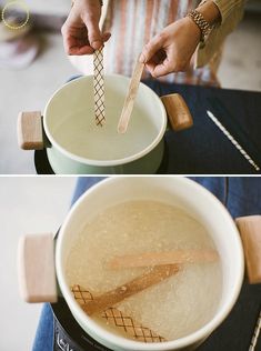 two pictures showing the process of making hot water in a pot with wooden spoons