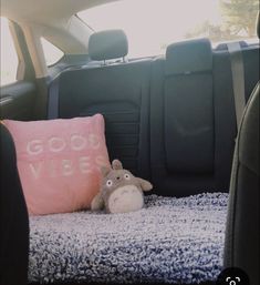 a stuffed animal laying on top of a pillow in the back seat of a car