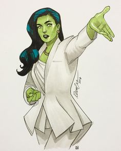 a drawing of a woman in a white suit pointing at something with her hand out