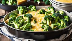 a casserole dish with broccoli and cheese in it on a wooden table