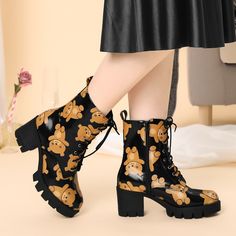 Make your sleek style floral print in these bold combat boots detailed with a front lace-up, side zip closure, and cute design. These Combat Boots Series are the right height to be cute and edgy but also comfortable enough. Floral print and bear patterns can be decorated with your casual appearance. Cute Printed Combat Boots, easy to go with all outfits, wear them with jeans, trousers, dresses, shorts, or denim. Good options for parties, sweet dating, shopping, festivals, banquets, office outfit Spring Lace-up Boots With Zipper Closure And Round Toe, Fall Lace-up Martin Boots With Zipper Closure, Fall Martin Boots With Zipper And Lace-up, Spring High Ankle Combat Boots With Zipper Closure, Trendy Lace-up Boots With Zipper Closure And Round Toe, Trendy Lace-up Boots With Zipper For Winter, Casual Lace-up Combat Boots With Zipper, Trendy Lace-up Martin Boots With Zipper Closure, Trendy Lace-up Martin Boots With Zipper