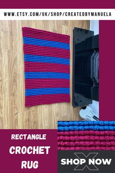 the crochet rug is next to an open door and has blue strips on it