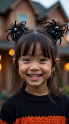 #HalloweenHair #KidsStyle #SpookySeason #BraidsAndBows #CostumeReady #TrickOrTreat #HalloweenFun Halloween Buns Hair, Halloween Pumpkin Hair Bun, Spider Bun Hair, Halloween Kids Hairstyles, Boo Buns Hair Kids, Spider Hairstyle Halloween, Halloween Hair Ideas For Kids, Ghost Hair Buns