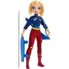 the doll is wearing red pants and a blue jacket with an umbrella on her shoulder