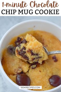 chocolate chip mug cake in a white bowl with spoon