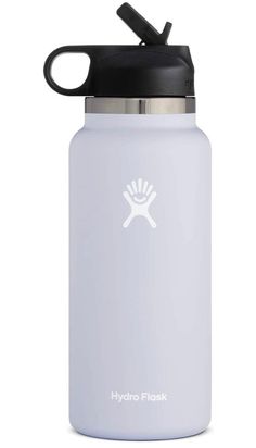 the hydro flask water bottle is light blue and has a black lid, with a white logo on it