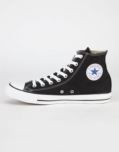 Classic Chucks! Converse Chuck Taylor All Star High Top Black Shoes. Canvas Upper. Padded Insole. Rubber Toe Cap. Vulcanized Rubber Outsole. Converse All Star Heel Badge. Converse All Star Logo On Inside Of Ankle. Imported. Mens Converse, Converse Logo, Black High Top Shoes, Converse High Top, Black Converse, Outfits With Converse, Black High Tops, Converse Sneakers, Converse Chuck Taylor All Star