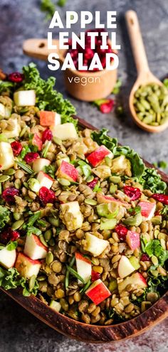 an apple lentil salad in a wooden bowl