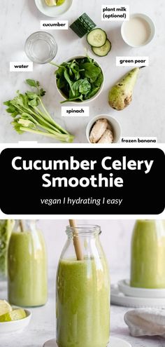 cucumber celery smoothie in a mason jar with ingredients around it