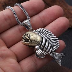 Men's Sterling Silver Piranha Necklace with Sterling Silver Wheat Chain 18”-30” Iron Cross Ring, Picture Pendant, Pendant Bails, Dragon Necklace, Goth Jewelry, Silver Dragon, Style Punk, Sterling Silver Mens, Skull Ring