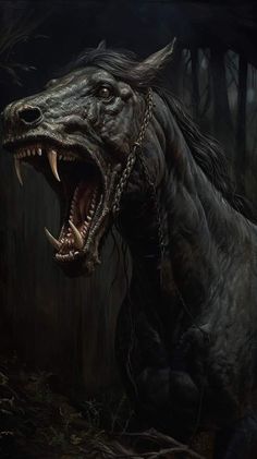 a large black horse with its mouth open and it's teeth wide open in the dark