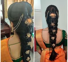 two pictures of the back of a woman's head with braids and beads