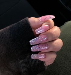 Pink Sparkly Acrylic Nails, Sparkly Acrylic Nails, Paznokcie Hello Kitty, Milky Nails, Pink Glitter Nails, Ombre Nails Glitter, Dream Nails, Nail Art Inspiration