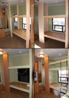 four pictures of the inside of a mobile home