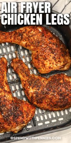 grilled chicken legs in an air fryer with text overlay