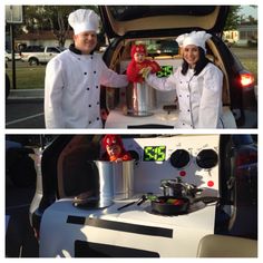 two people in chef outfits standing next to an open car trunk with cooking utensils on it