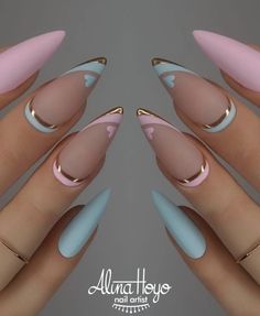 Press On Acrylic Nails, Acrylic Nails Almond, Full Cover Nail Tips, Pink Chrome Nails, Chrome Nails Designs, Spring Acrylic Nails, Colorful Nails, Almond Acrylic Nails, Almond Nail