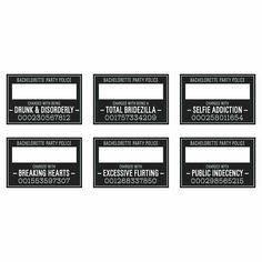 six black and white labels with words on them