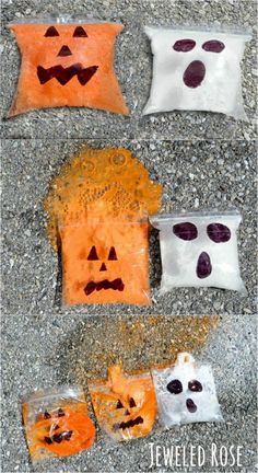 three bags filled with candies and jack - o'- lanterns sitting on the ground