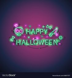 neon sign that says happy halloween with music notes and skulls on it in the shape of a skull