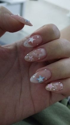 Glitter Stars Nails, 3d Star Nails, Pastel Star Nails, Acrylic Nails Stars, Nail Designs Stars, Star Acrylics, Miku Nails, Acrylic Star Nails, Txt Nails Designs