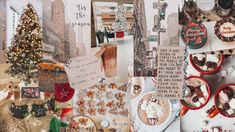 a collage of photos with christmas decorations, cookies and pastries on display in front of a cityscape